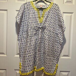 Stella & Dot Beach Cover Up Blue Paisley Yellow Embroidery Pom Pom Fringe O/S